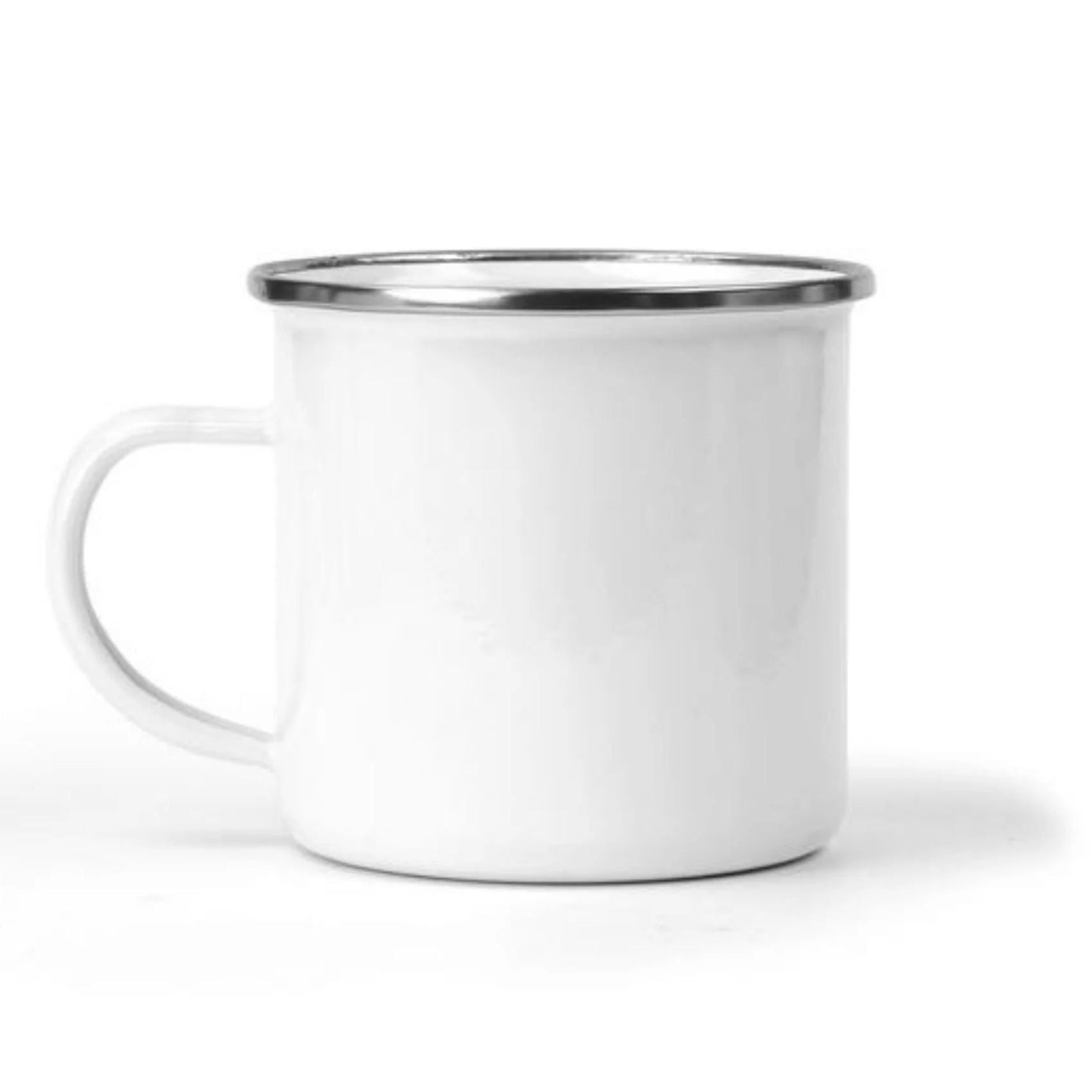 White Tinware Mug with Silver Trim