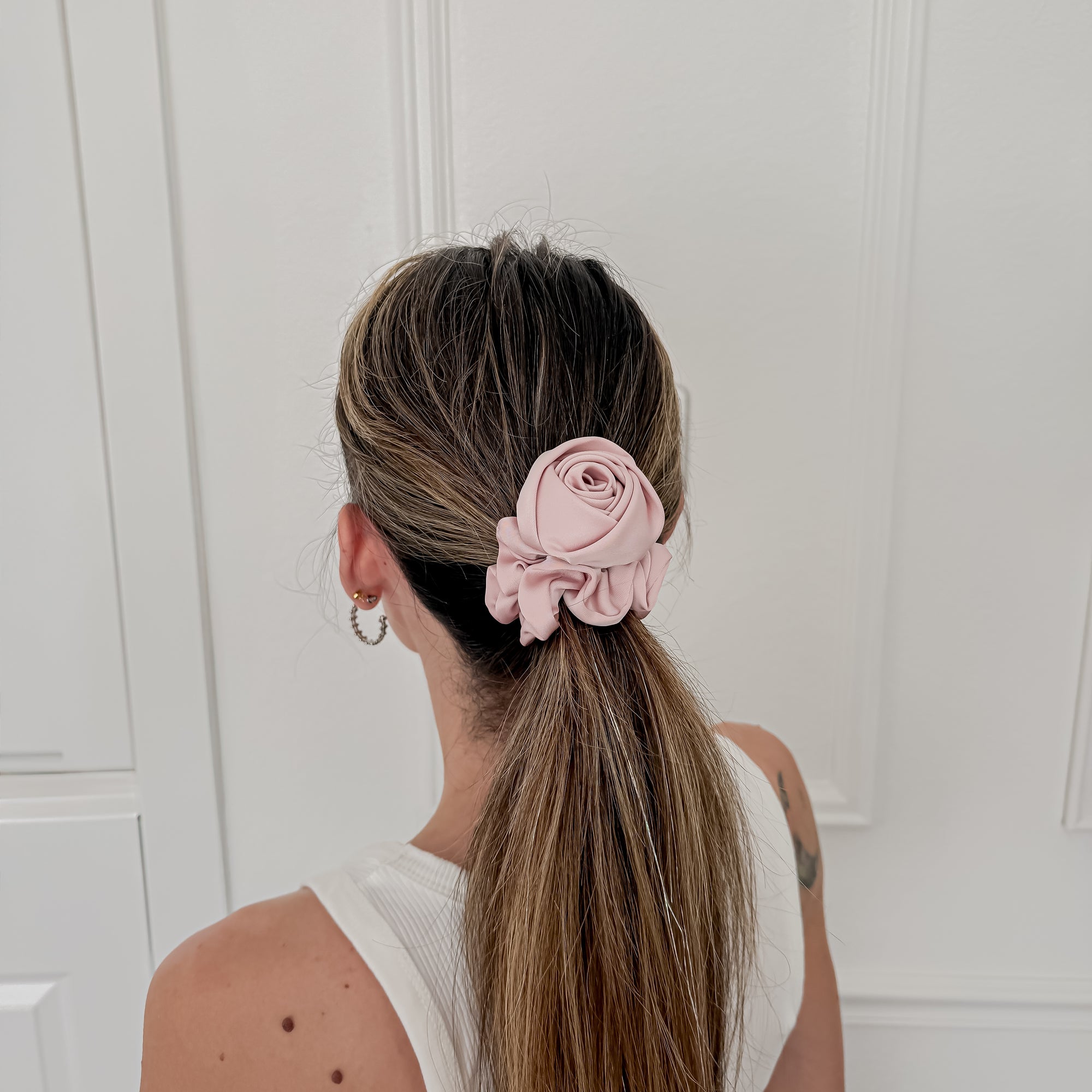 Pink Silk Rose Scrunchie